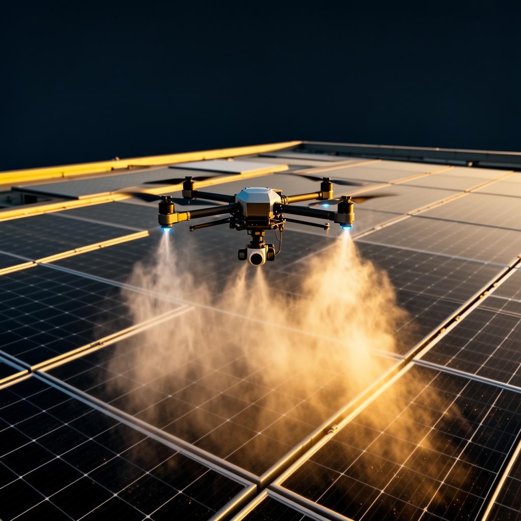 Dron profesional limpiando placas solares en un tejado